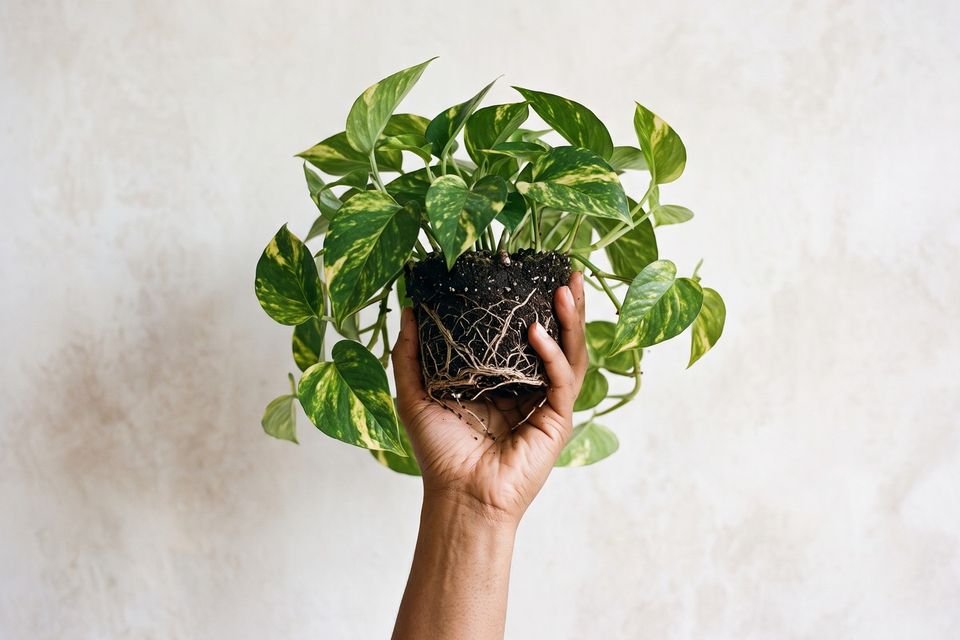 Una mano sostiene un teléfono (pothos) por sus raíces, sin maceta