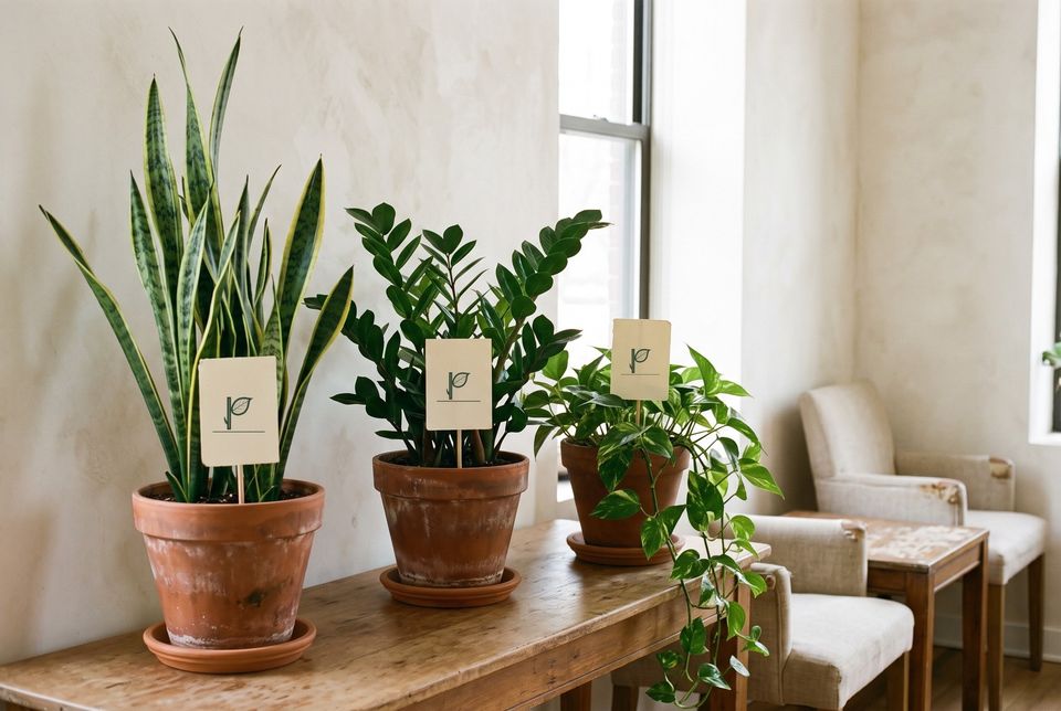 Una sala de espera con una lengua de suegra, una zamioculca y un teléfono (pothos) en una mesita, cada una con su etiqueta
