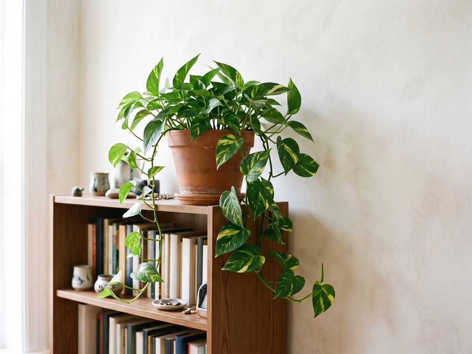 Trailing from the top of a bookcase near a window