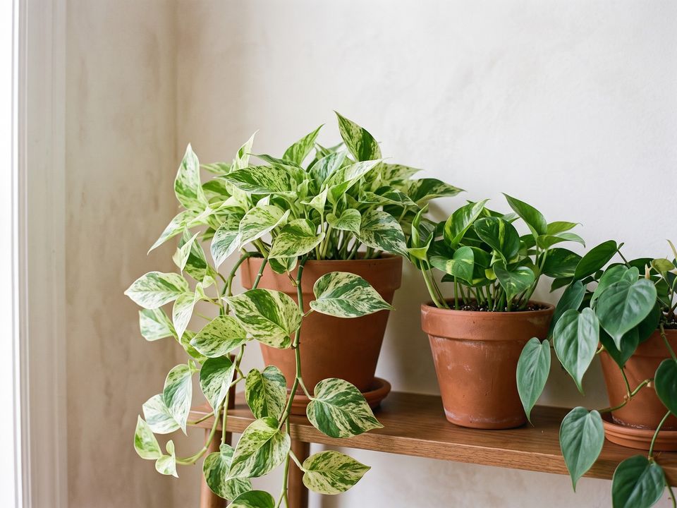 With a golden pothos and a heartleaf philodendron, three heart-shaped leaves