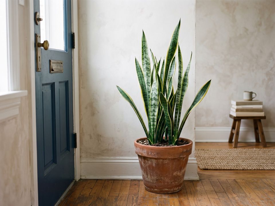 In a heavy pot on the floor beside a front door