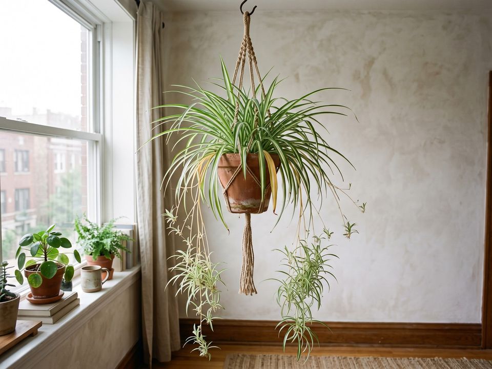 Hung from a ceiling hook by a window, runners trailing